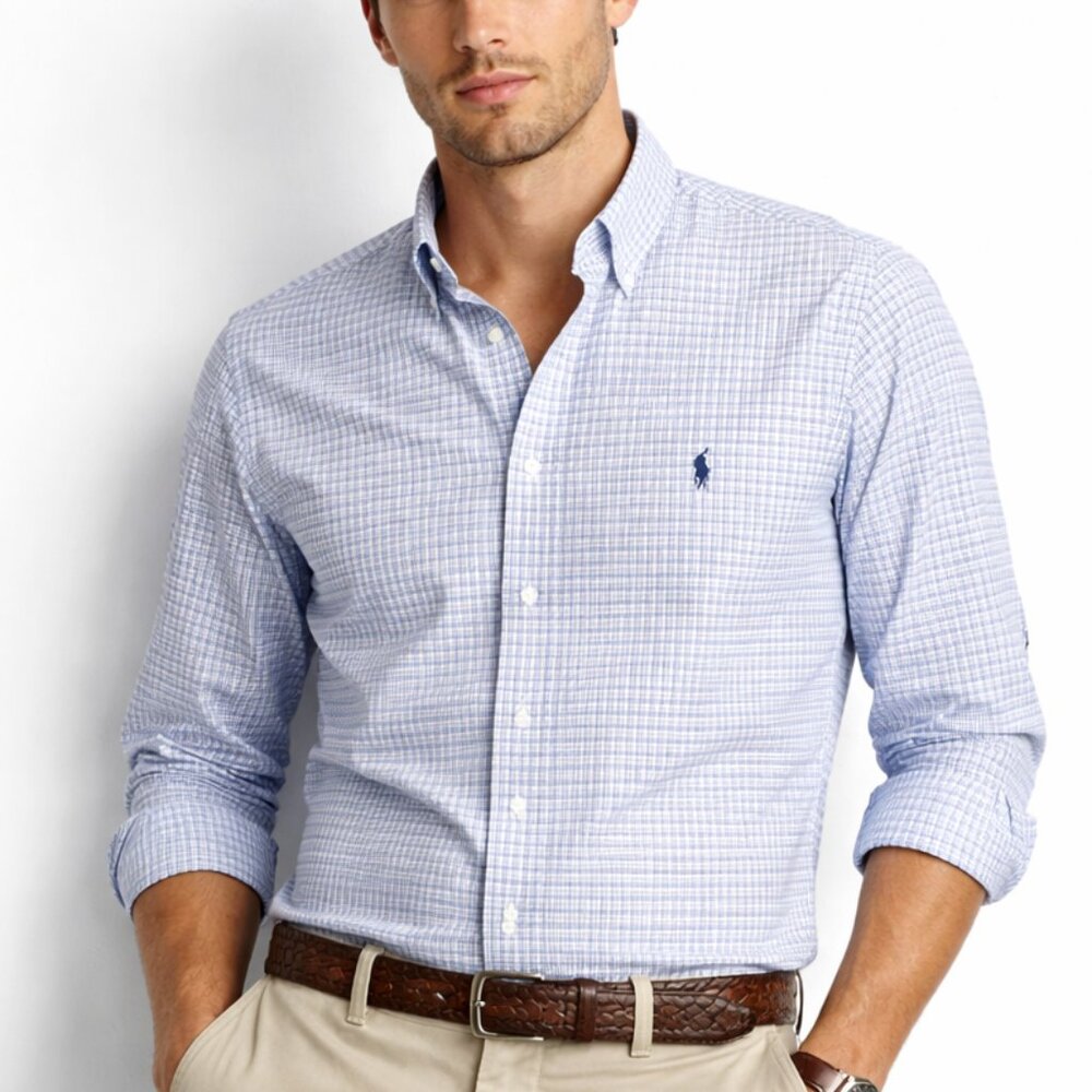 Ralph Lauren Shirt Custom Fit 15 Blue White Check Button Down Preppy Oxford